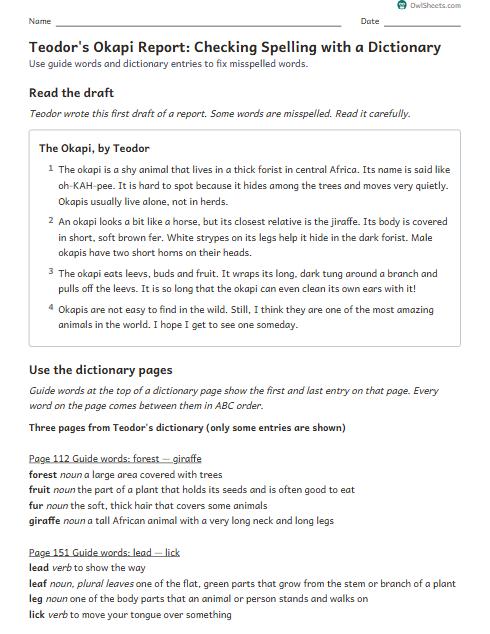 Teodor's Okapi Report: Checking Spelling with a Dictionary worksheet preview