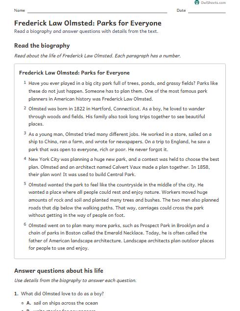 Frederick Law Olmsted: Parks for Everyone worksheet preview