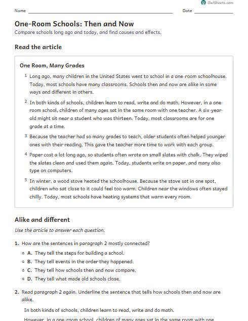 One-Room Schools: Then and Now worksheet preview