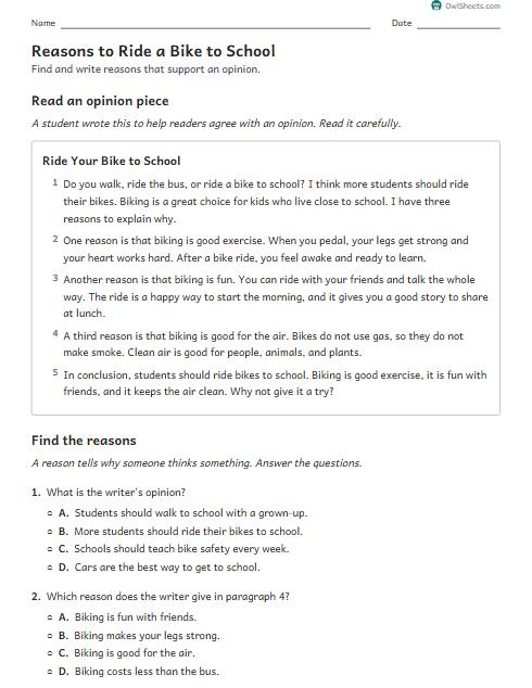 Reasons to Ride a Bike to School worksheet preview