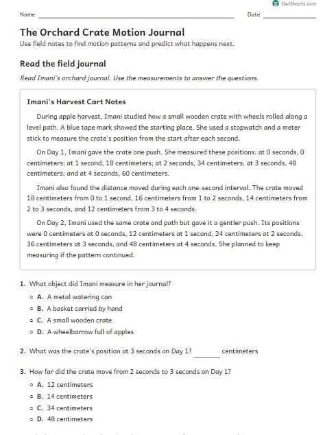 The Orchard Crate Motion Journal worksheet preview