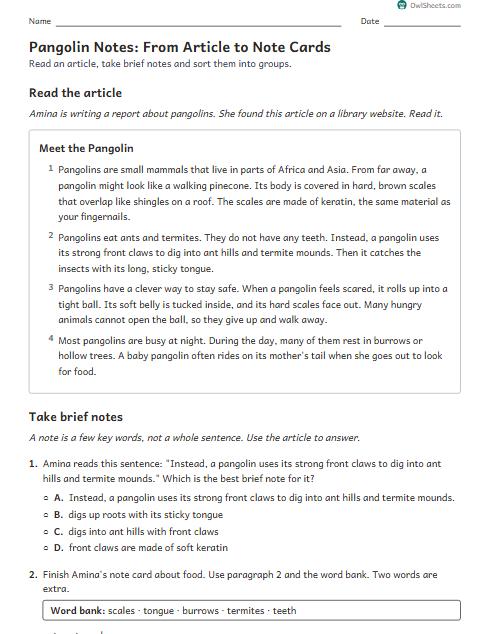Pangolin Notes: From Article to Note Cards worksheet preview