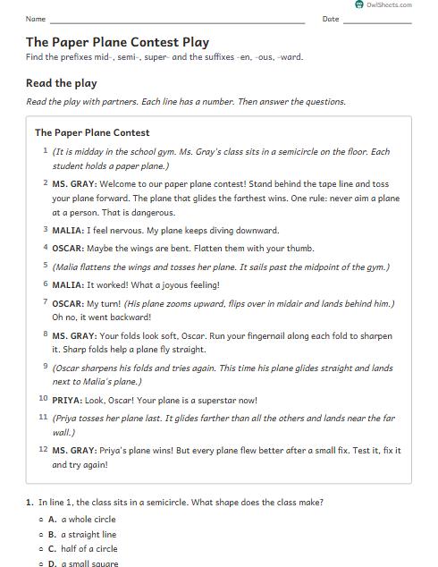 The Paper Plane Contest Play worksheet preview