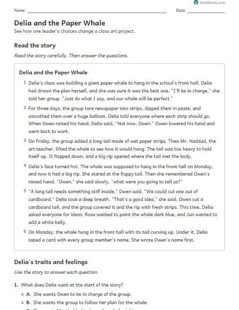 Delia and the Paper Whale worksheet preview