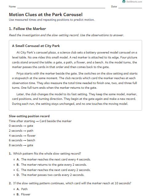 Motion Clues at the Park Carousel worksheet preview