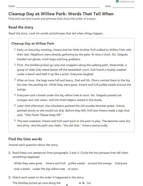 Cleanup Day at Willow Park: Words That Tell When worksheet preview