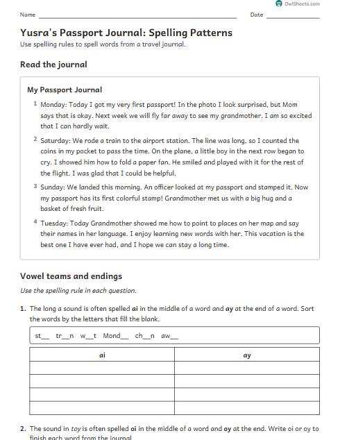 Yusra's Passport Journal: Spelling Patterns worksheet preview