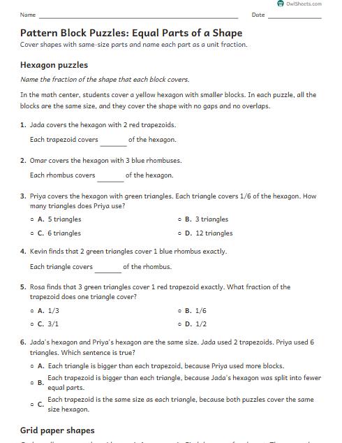 Pattern Block Puzzles: Equal Parts of a Shape worksheet preview