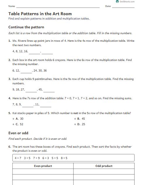 Table Patterns in the Art Room worksheet preview