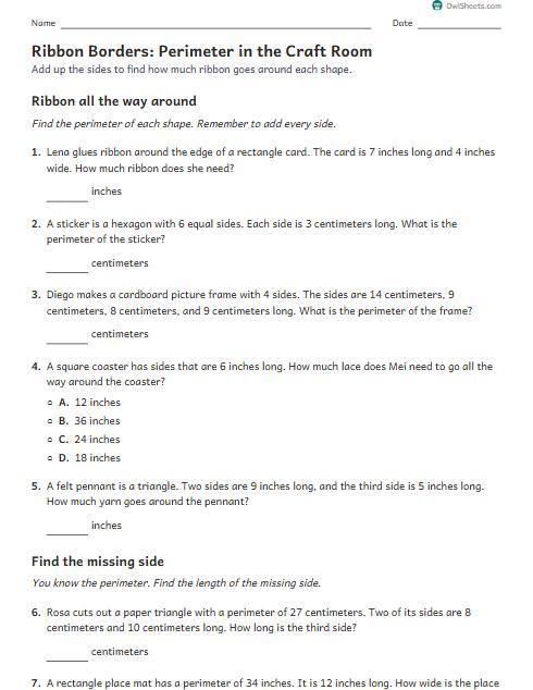 Ribbon Borders: Perimeter in the Craft Room worksheet preview