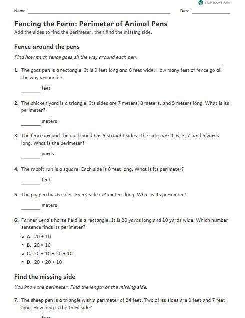 Fencing the Farm: Perimeter of Animal Pens worksheet preview