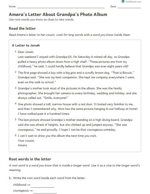 Amara's Letter About Grandpa's Photo Album worksheet preview