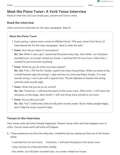 Meet the Piano Tuner: A Verb Tense Interview worksheet preview