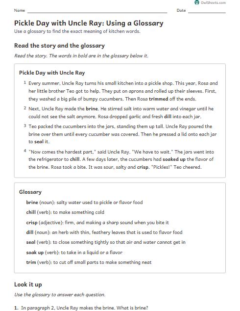Pickle Day with Uncle Ray: Using a Glossary worksheet preview