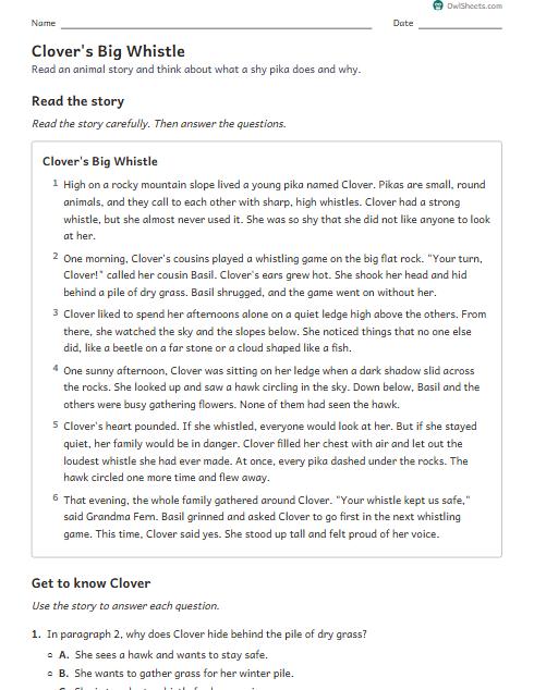Clover's Big Whistle worksheet preview