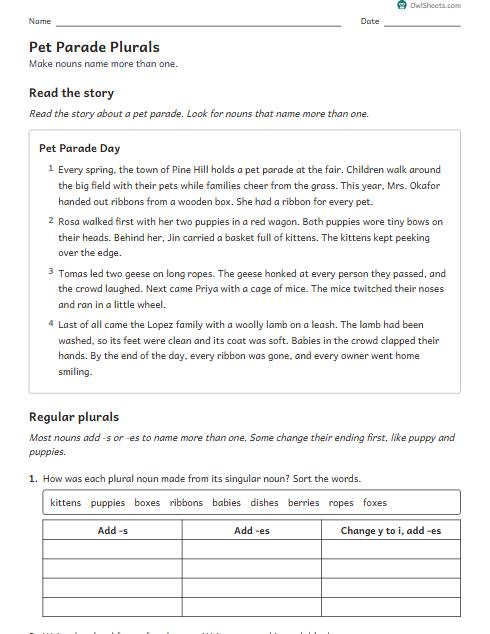 Pet Parade Plurals worksheet preview