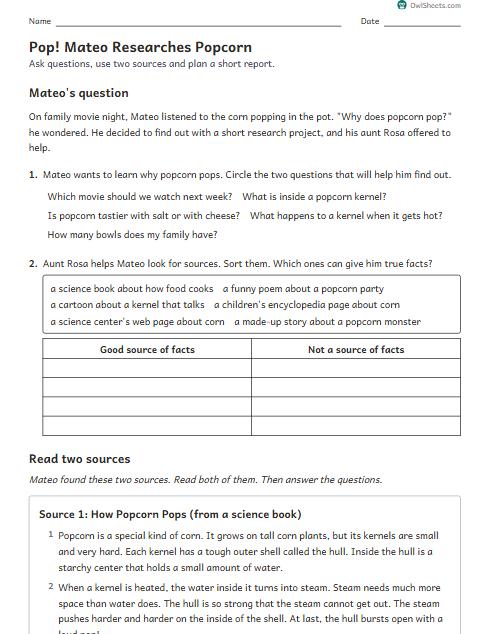 Pop! Mateo Researches Popcorn worksheet preview