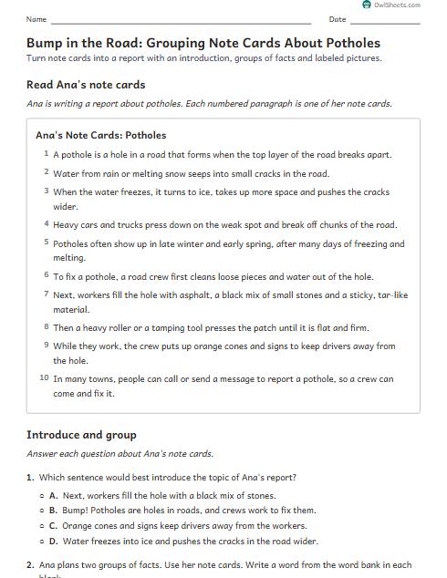 Bump in the Road: Grouping Note Cards About Potholes worksheet preview