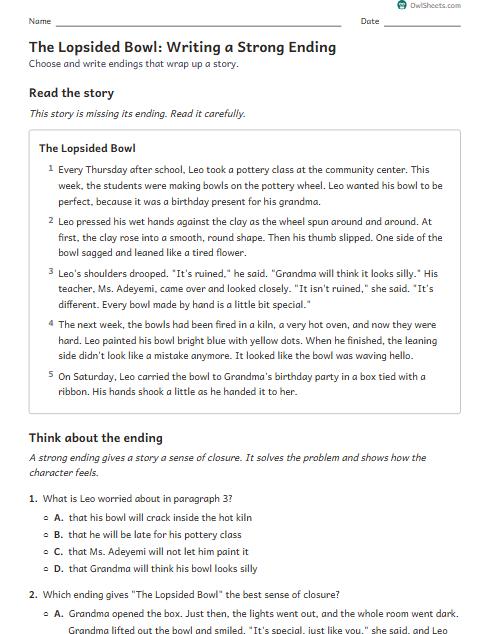 The Lopsided Bowl: Writing a Strong Ending worksheet preview