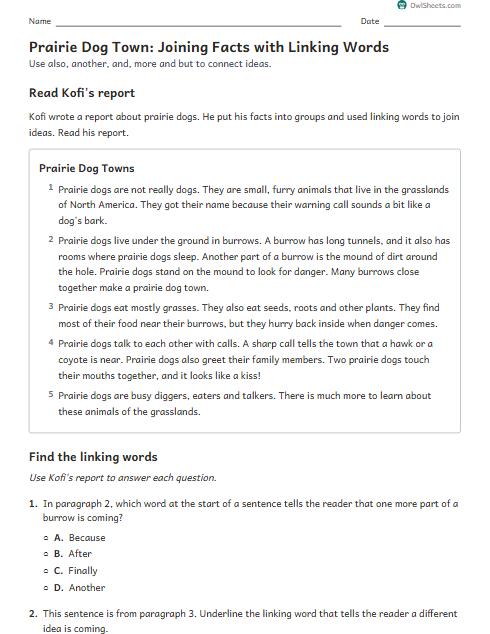 Prairie Dog Town: Joining Facts with Linking Words worksheet preview