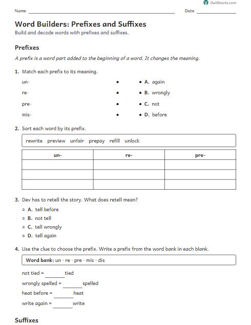 Word Builders: Prefixes and Suffixes worksheet preview