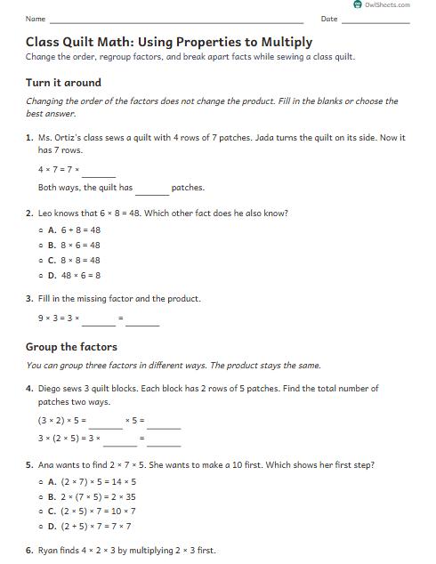 Class Quilt Math: Using Properties to Multiply worksheet preview