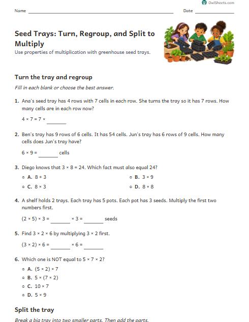 Seed Trays: Turn, Regroup, and Split to Multiply worksheet preview