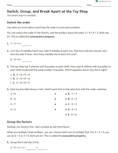 Switch, Group, and Break Apart at the Toy Shop worksheet preview