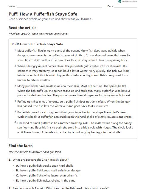 Puff! How a Pufferfish Stays Safe worksheet preview