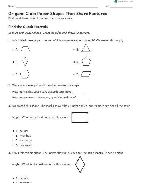 Origami Club: Paper Shapes That Share Features worksheet preview