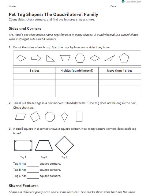 Pet Tag Shapes: The Quadrilateral Family worksheet preview