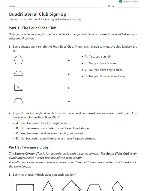 Quadrilateral Club Sign-Up worksheet preview