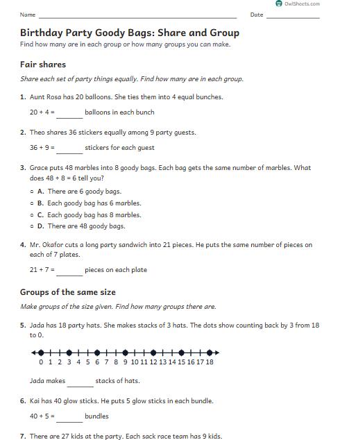 Birthday Party Goody Bags: Share and Group worksheet preview