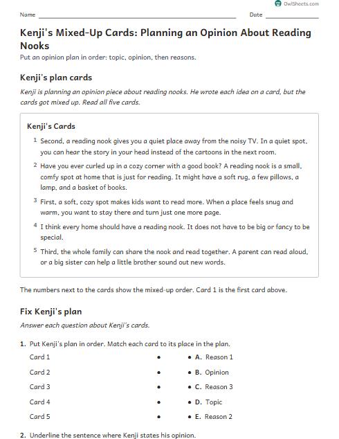 Kenji's Mixed-Up Cards: Planning an Opinion About Reading Nooks worksheet preview