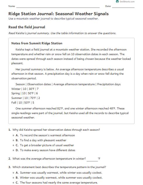 Ridge Station Journal: Seasonal Weather Signals worksheet preview