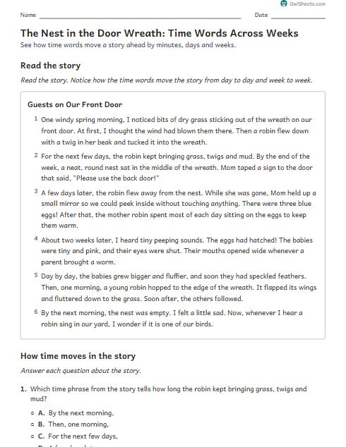 The Nest in the Door Wreath: Time Words Across Weeks worksheet preview