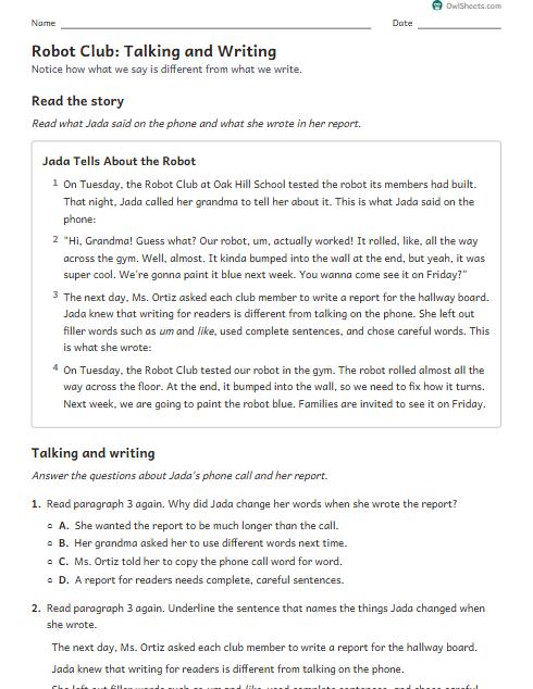 Robot Club: Talking and Writing worksheet preview