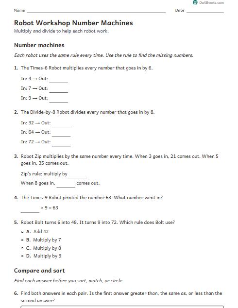 Robot Workshop Number Machines worksheet preview