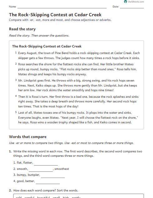 The Rock-Skipping Contest at Cedar Creek worksheet preview