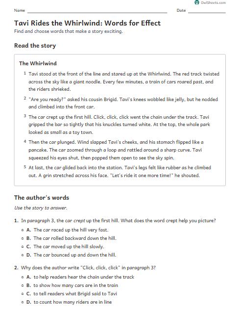 Tavi Rides the Whirlwind: Words for Effect worksheet preview