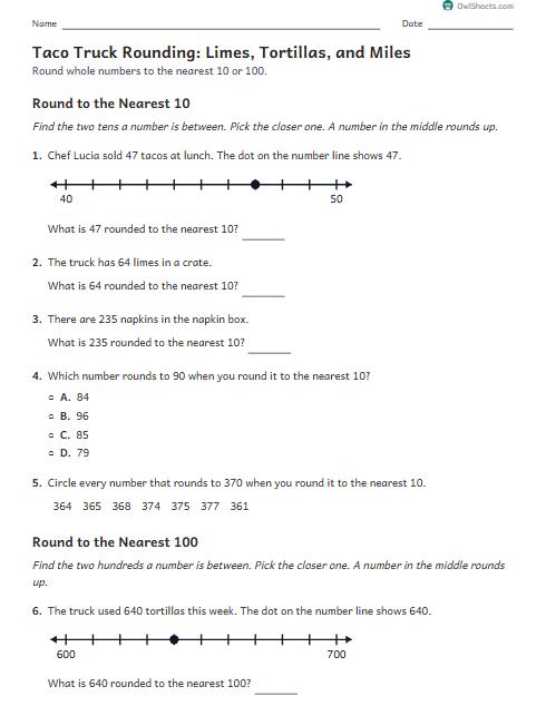 Taco Truck Rounding: Limes, Tortillas, and Miles worksheet preview