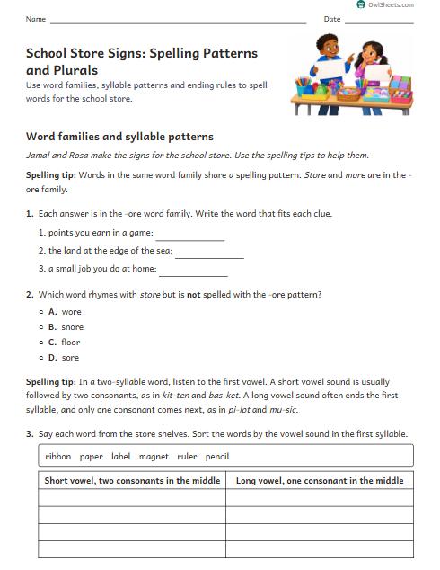 School Store Signs: Spelling Patterns and Plurals worksheet preview