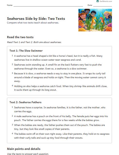 Seahorses Side by Side: Two Texts worksheet preview