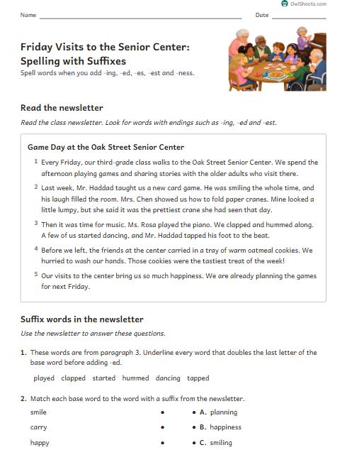 Friday Visits to the Senior Center: Spelling with Suffixes worksheet preview