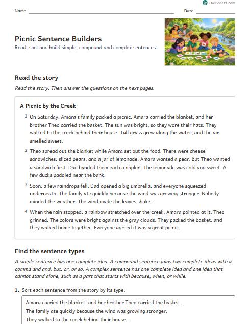 Picnic Sentence Builders worksheet preview