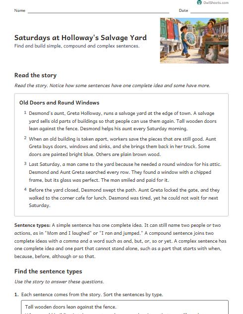 Saturdays at Holloway's Salvage Yard worksheet preview