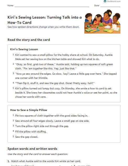 Kiri's Sewing Lesson: Turning Talk into a How-To Card worksheet preview