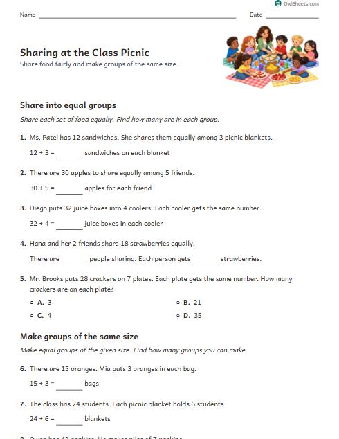 Sharing at the Class Picnic worksheet preview