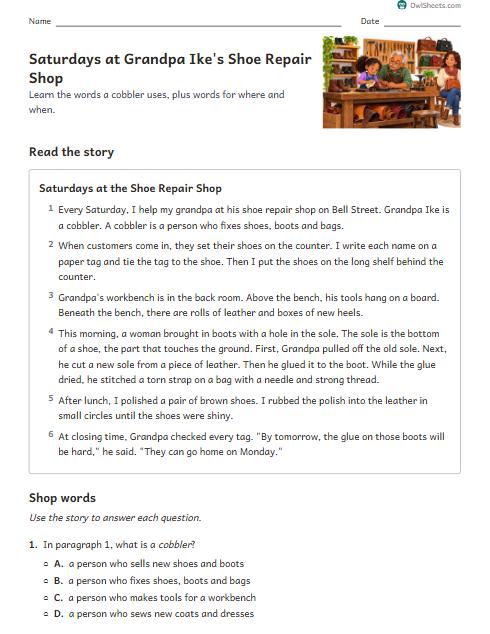 Saturdays at Grandpa Ike's Shoe Repair Shop worksheet preview