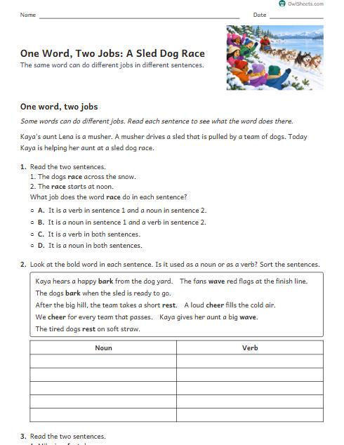 One Word, Two Jobs: A Sled Dog Race worksheet preview